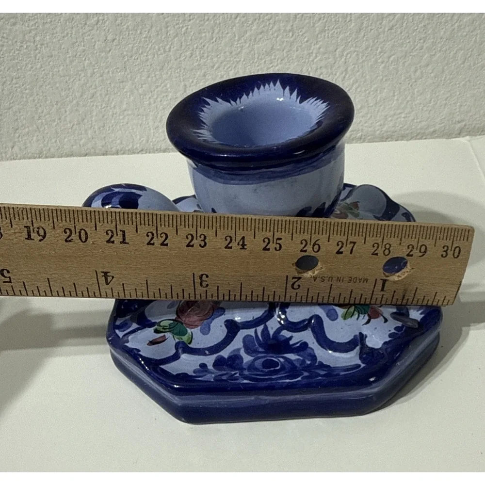 Vintage Portugal Hand Painted Ceramic Single Candle Holder Signed Handpainted‎